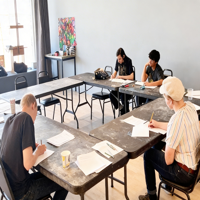 Four people sit at tables in a bright, minimalist room, focused on writing or drawing on paper.