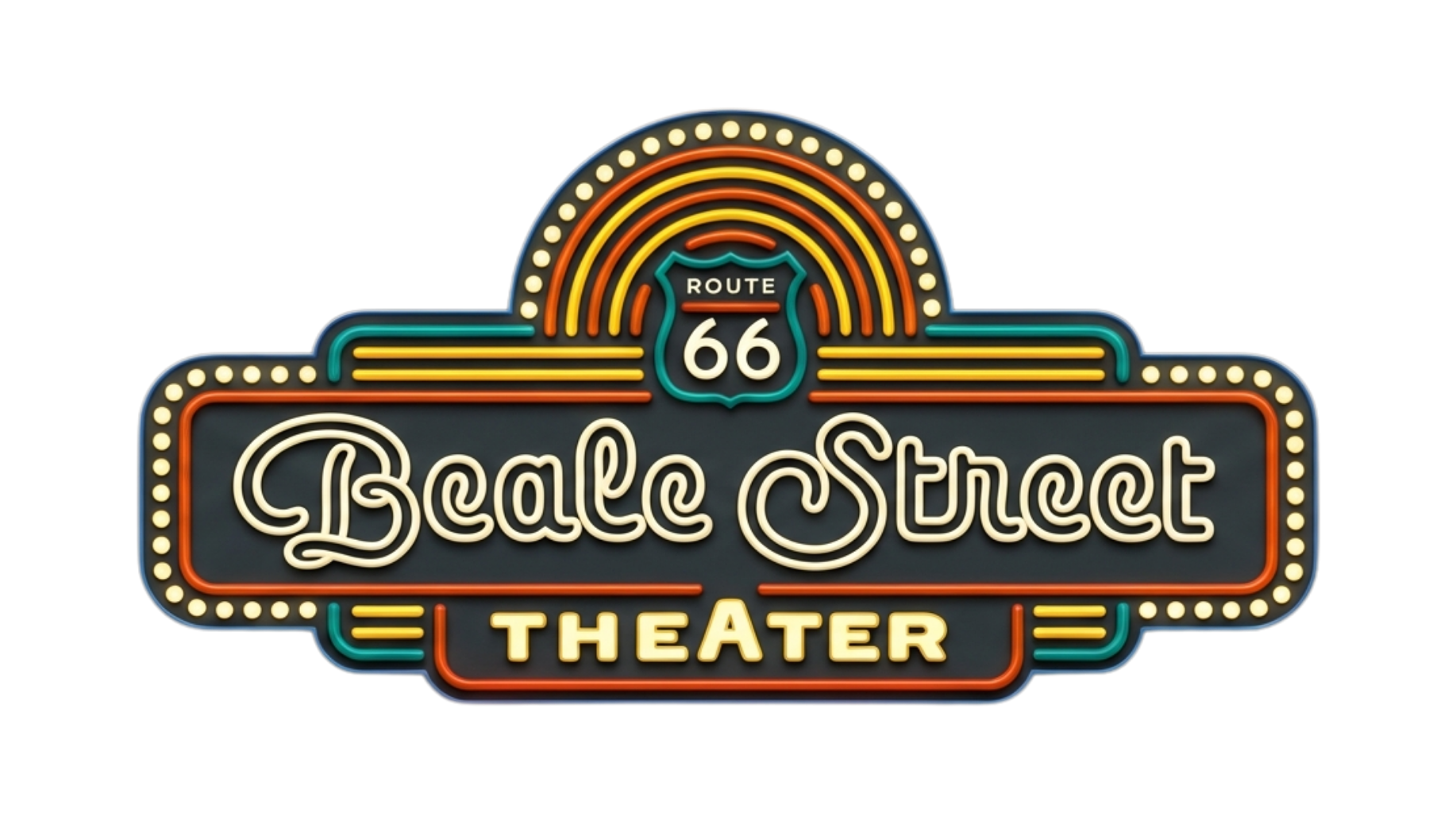 Beale Street Theater logo, retro design with "Beale Street THEATER" text, Route 66 emblem, and marquee-style lighting.