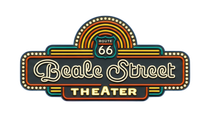 Beale Street Theater sign: retro marquee style, Route 66 emblem, orange, teal, and gold, with "Beale Street THEATER" text.