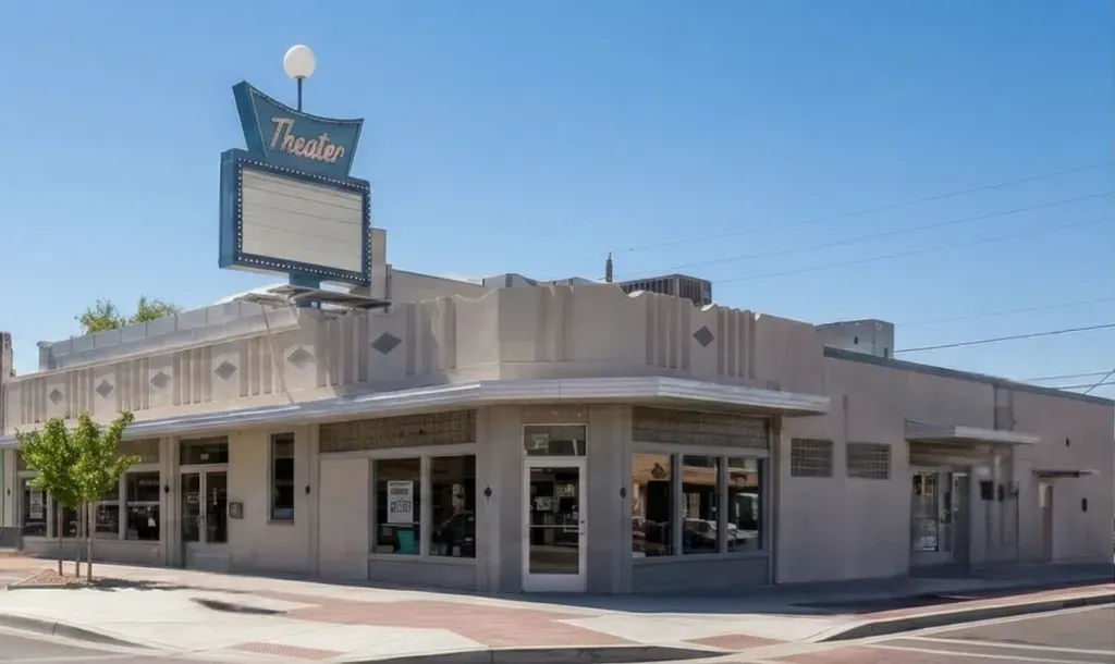 An old, single-story, beige stucco theater building with a prominent vintage sign on a sunny street corner.