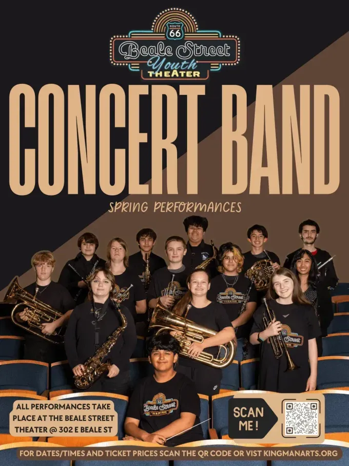 Promotional flyer for Beals Street Youth Theater Concert Band spring performances featuring a band members' portrait.
