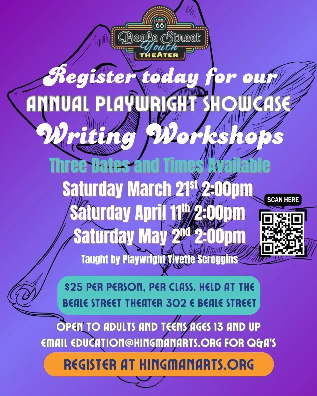 Flyer for Beale Street Theater’s Playwright Showcase Writing Workshops with dates, registration info, and QR code.
