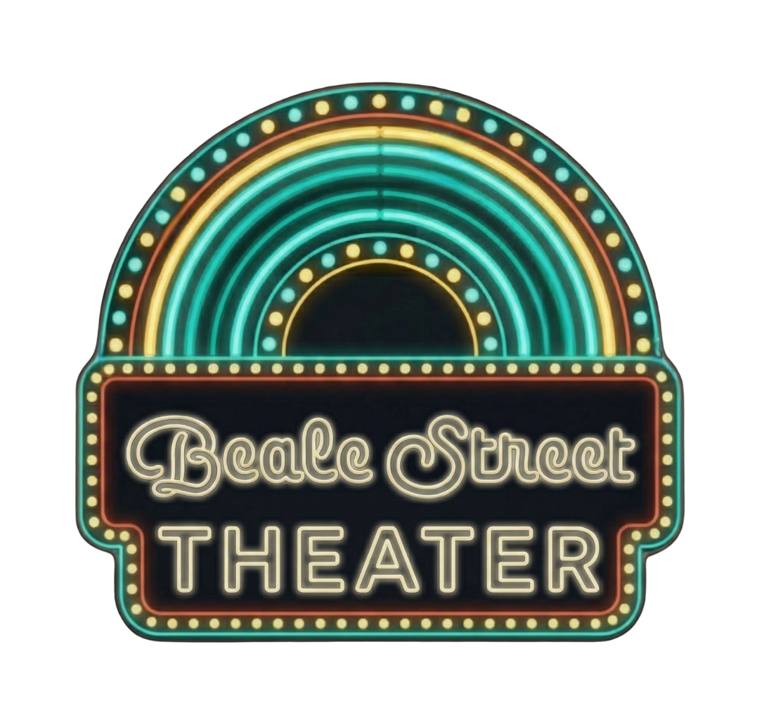 Beale Street Theater sign: retro marquee style, Route 66 emblem, orange, teal, and gold, with 
