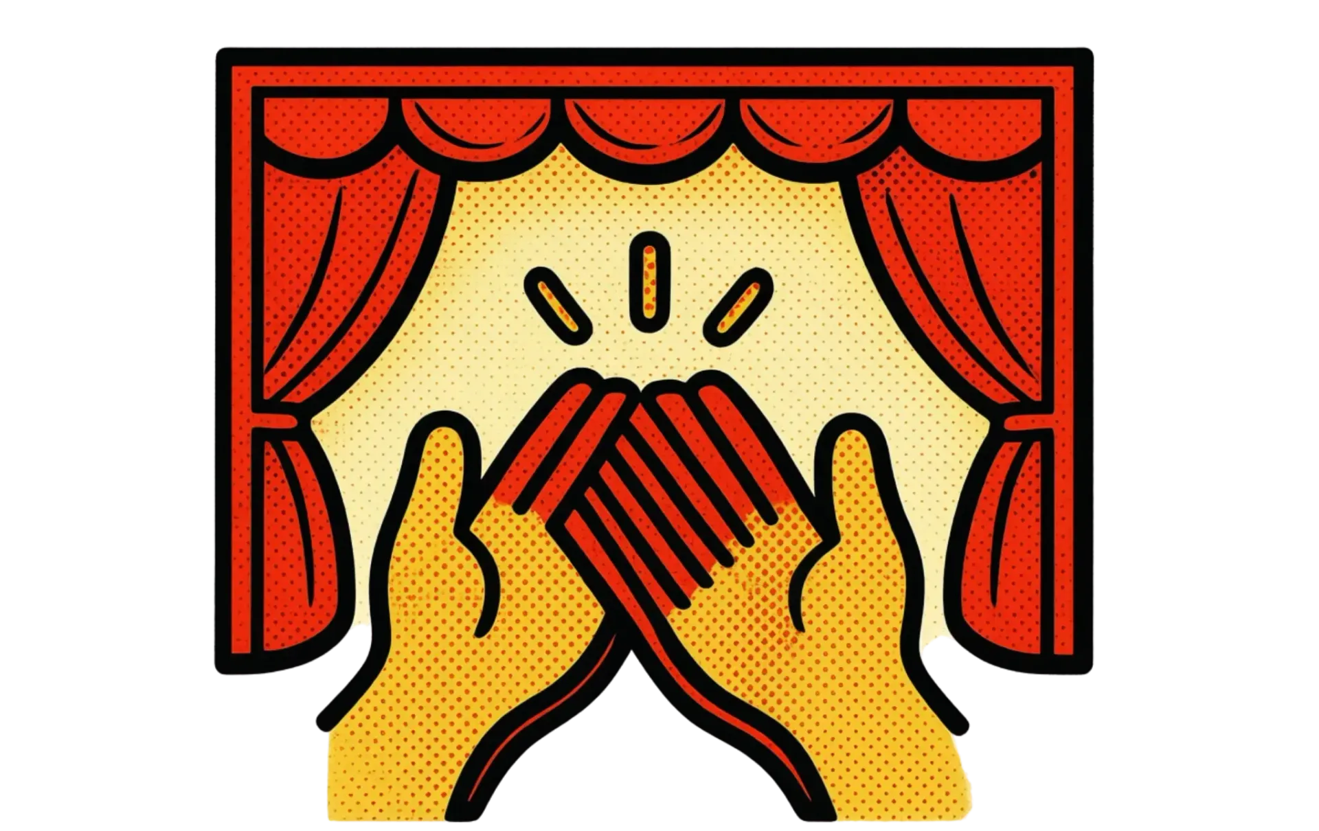 Two yellow hands clapping in front of a red stage curtain.