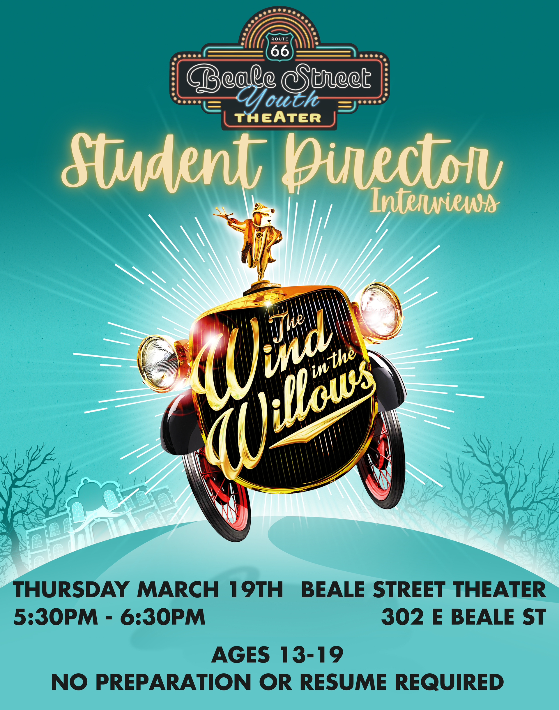 Poster for student director interviews at Beale Street Theater for