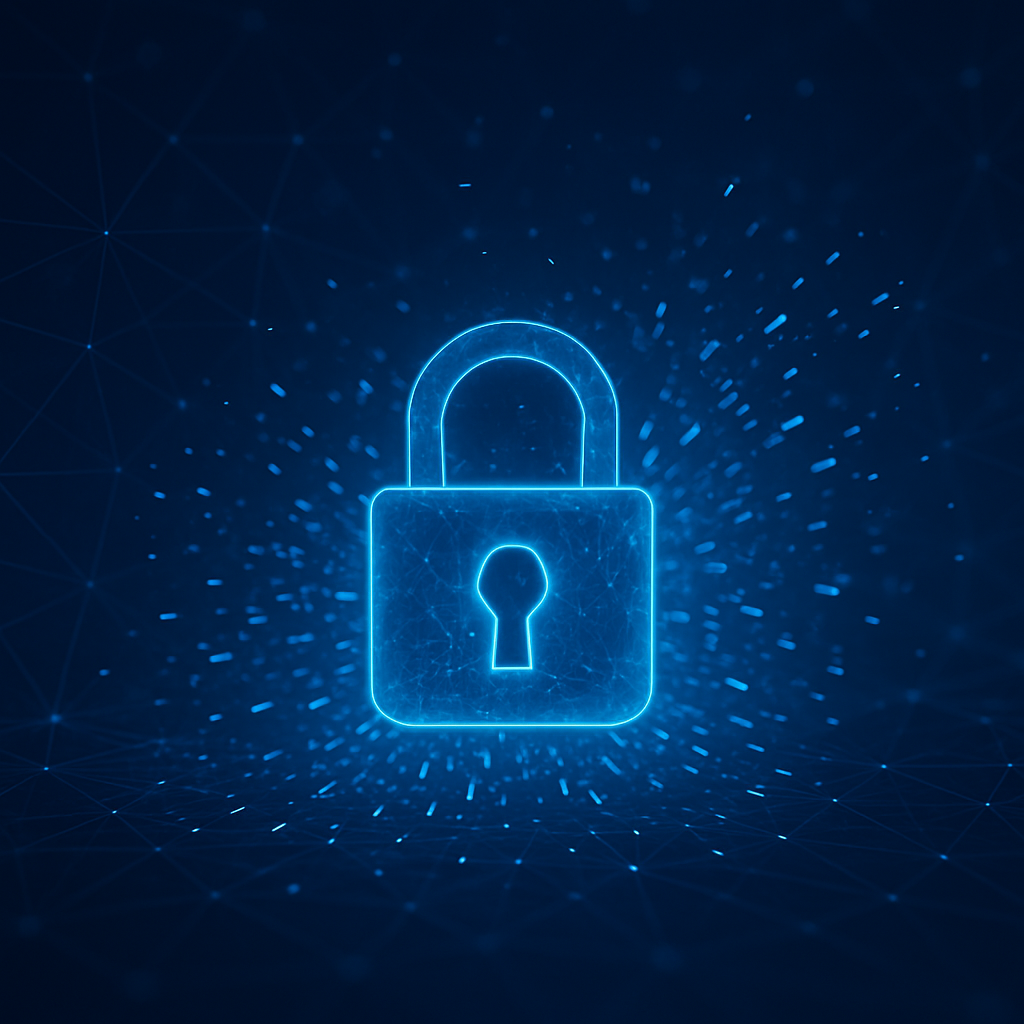 A glowing padlock with a keyhole on a dark blue background.