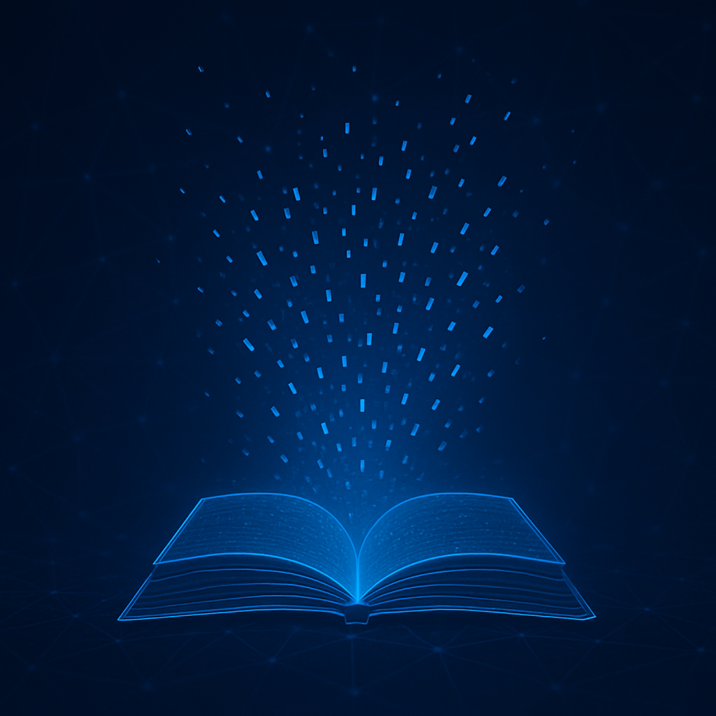 An open book with glowing lights coming out of it on a dark blue background.