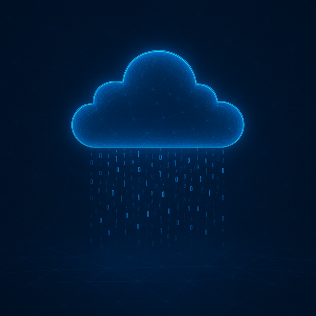 A cloud with rain drops falling from it on a dark blue background.