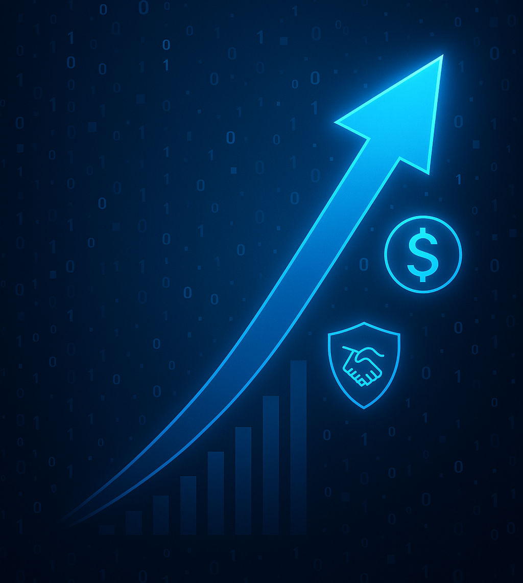 Blue glowing arrow pointing up with a bar graph, dollar sign, and handshake symbol.