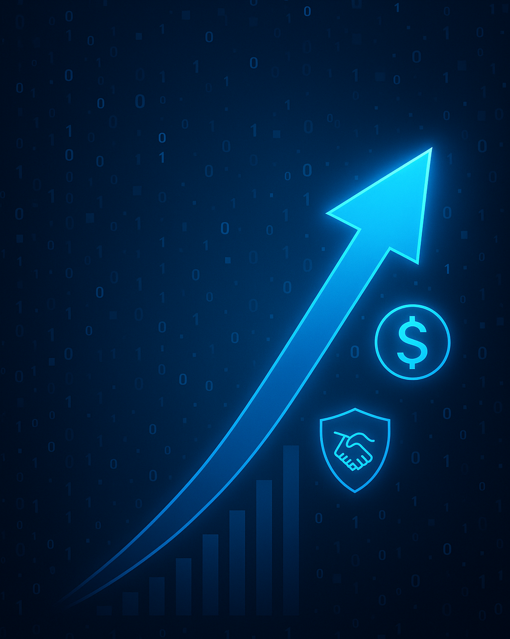 Glowing blue arrow pointing upward with dollar sign and handshake icon, indicating growth.