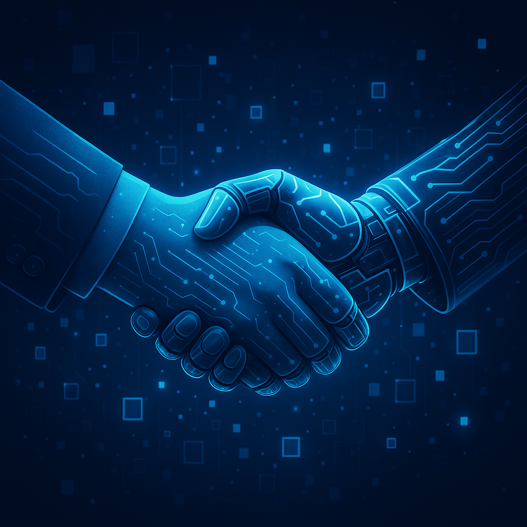 Hands shaking, one human, one robotic, overlaid with circuit patterns, blue background.