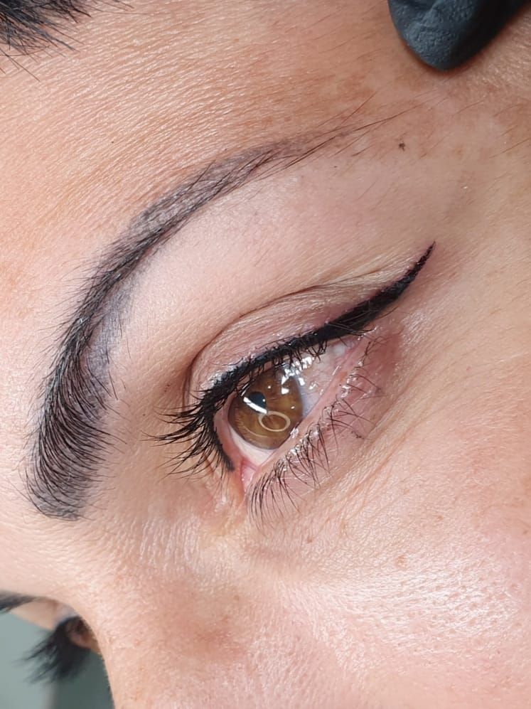 Close-up of an eye with newly applied permanent eyeliner tattoo and groomed eyebrows. — Artisan Cosmetic Tattoo & Beauty in Worongary, QLD