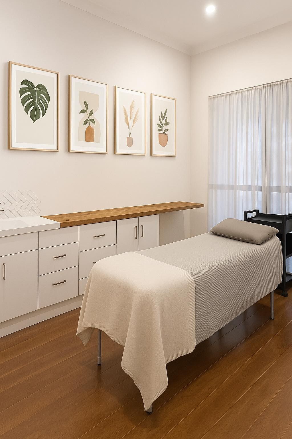 Treatment Room With Massage Table, White Cabinetry — Artisan Cosmetic Tattoo & Beauty in Worongary, QLD