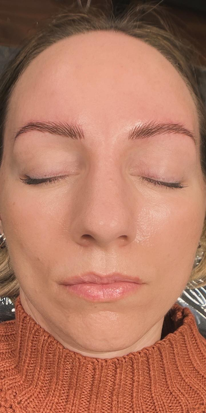 Woman With Closed Eyes, Fresh Eyebrow Tattoo. Brown Sweater — Artisan Cosmetic Tattoo & Beauty in Worongary, QLD