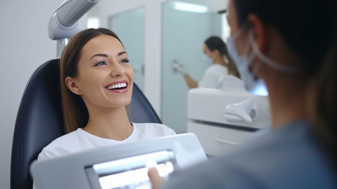Una donna con l'apparecchio ortodontico è seduta sulla poltrona del dentista e sorride.