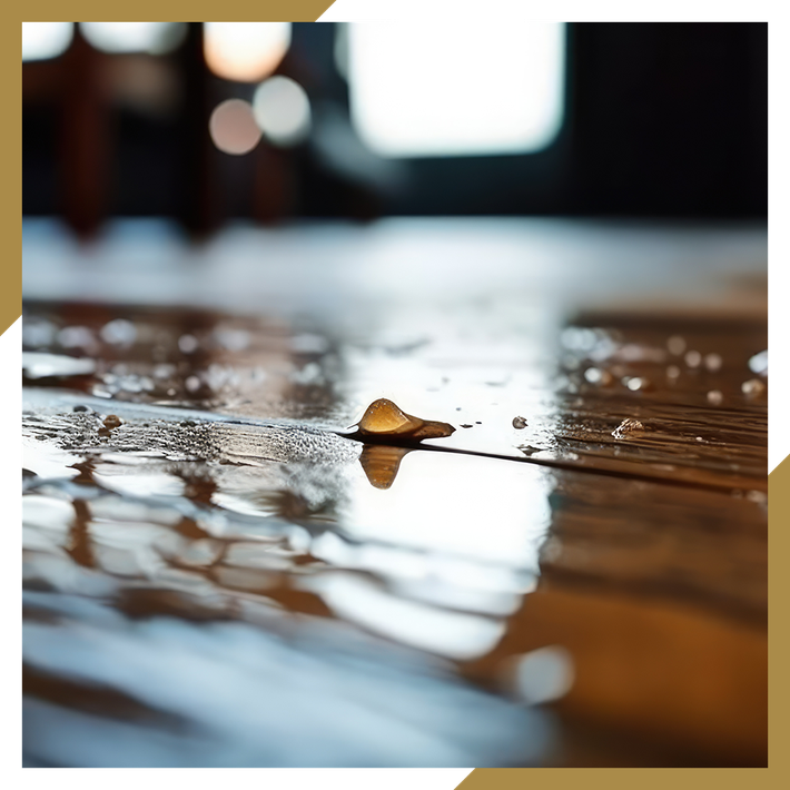 A leaf is laying on a wet wooden floor