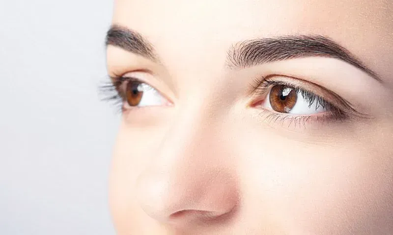 Eine Nahaufnahme der braunen Augen und der Nase einer Frau.