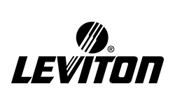 A black and white logo for leviton on a white background.