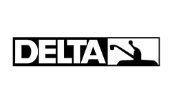 The delta logo is black and white with a silhouette of a cat.