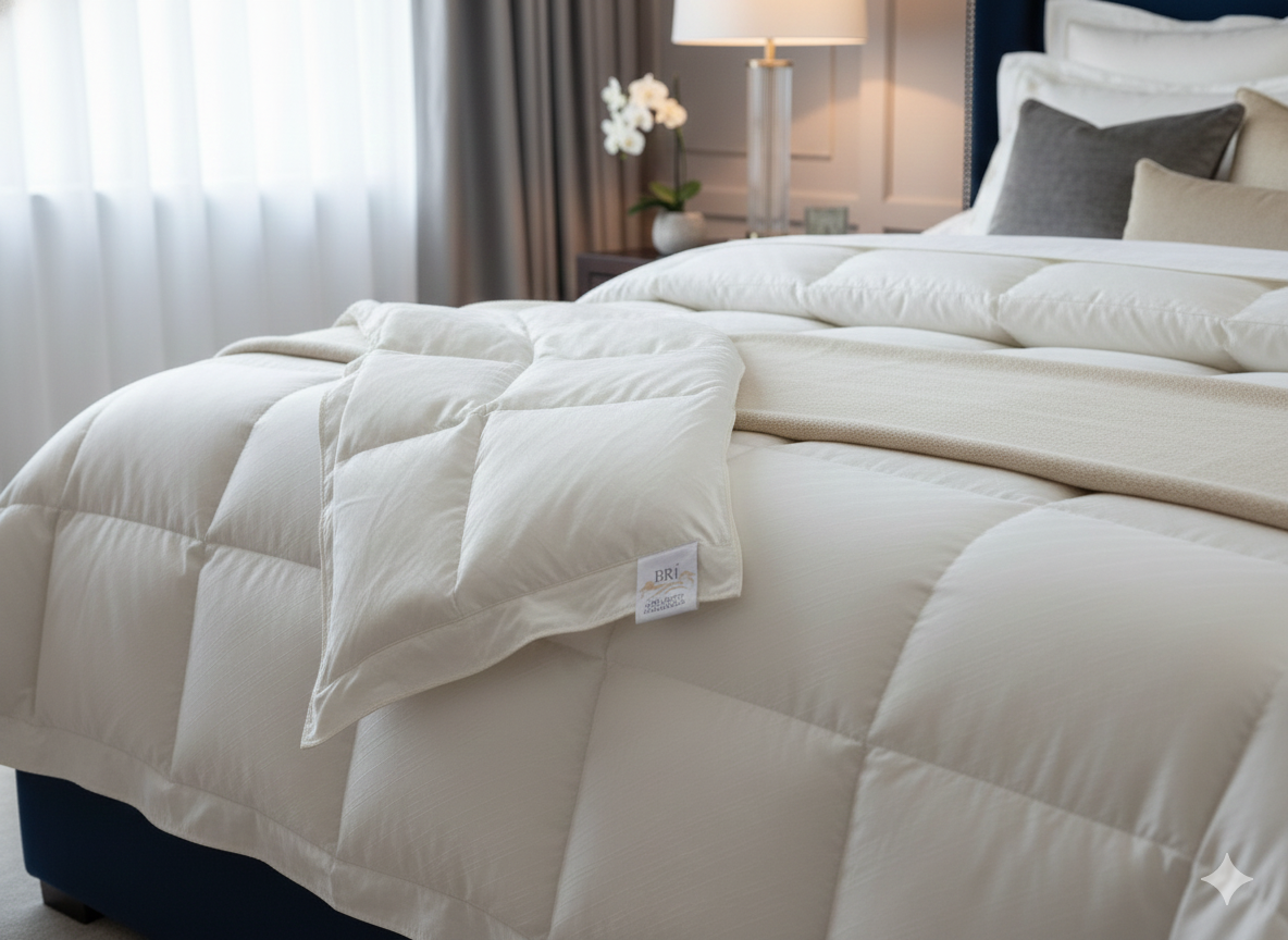 White comforter and pillow on a bed, angled shot. The blanket has a quilted design.