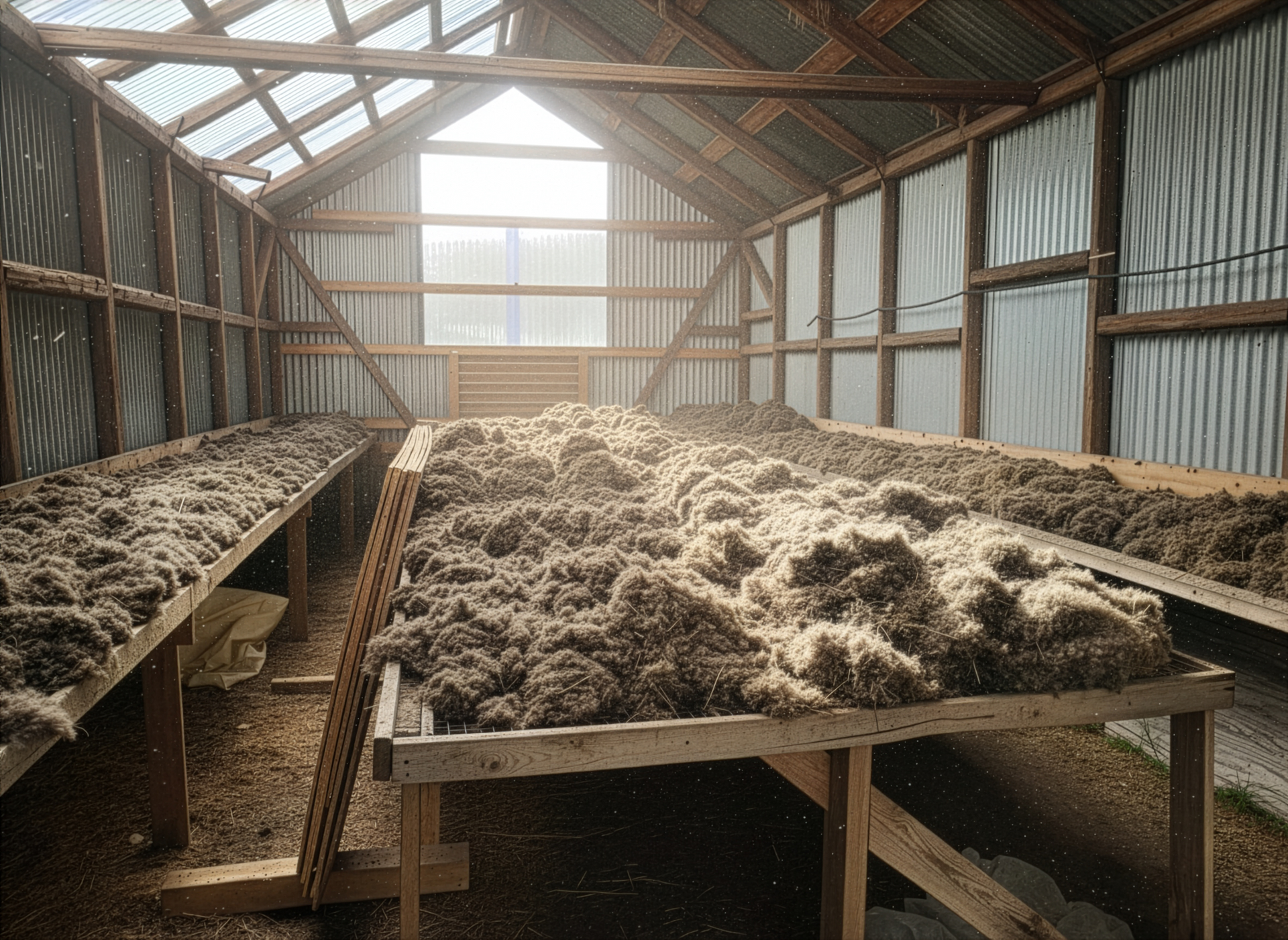 Bird's nest with four pale green eggs nestled in dark, fluffy material, surrounded by green grass.