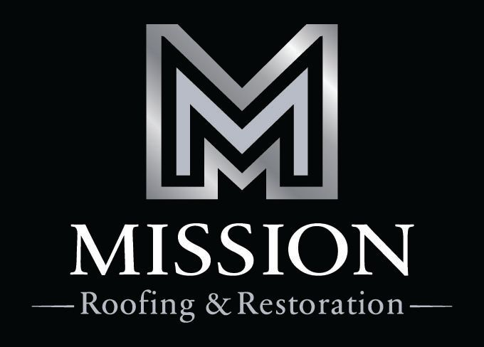 Logo for Mission Roofing & Restoration featuring a metallic silver stylized M over the company name on a black background.