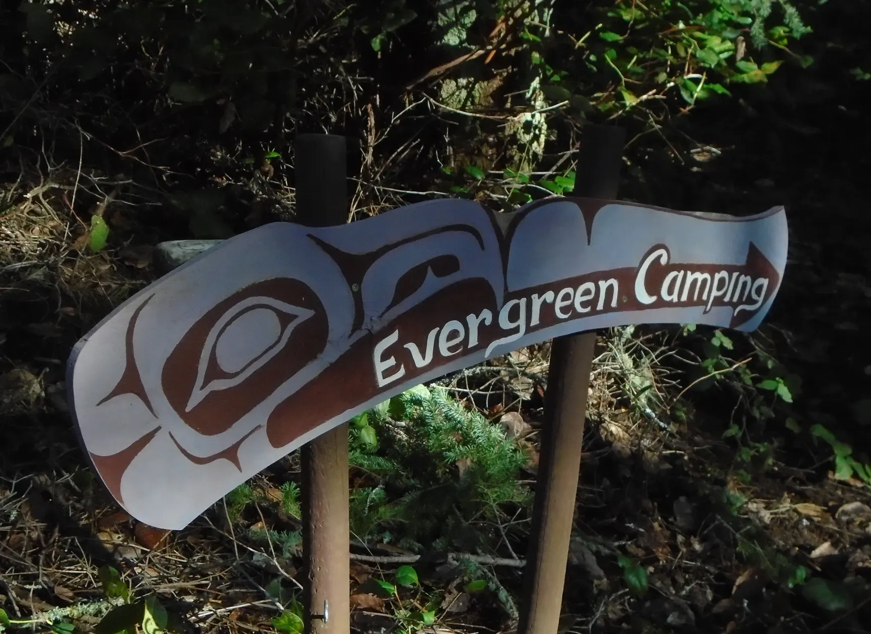 A sign that says evergreen camping on it
