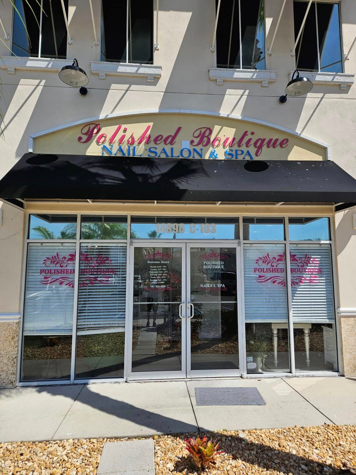 The front of a polished boutique nail salon and spa