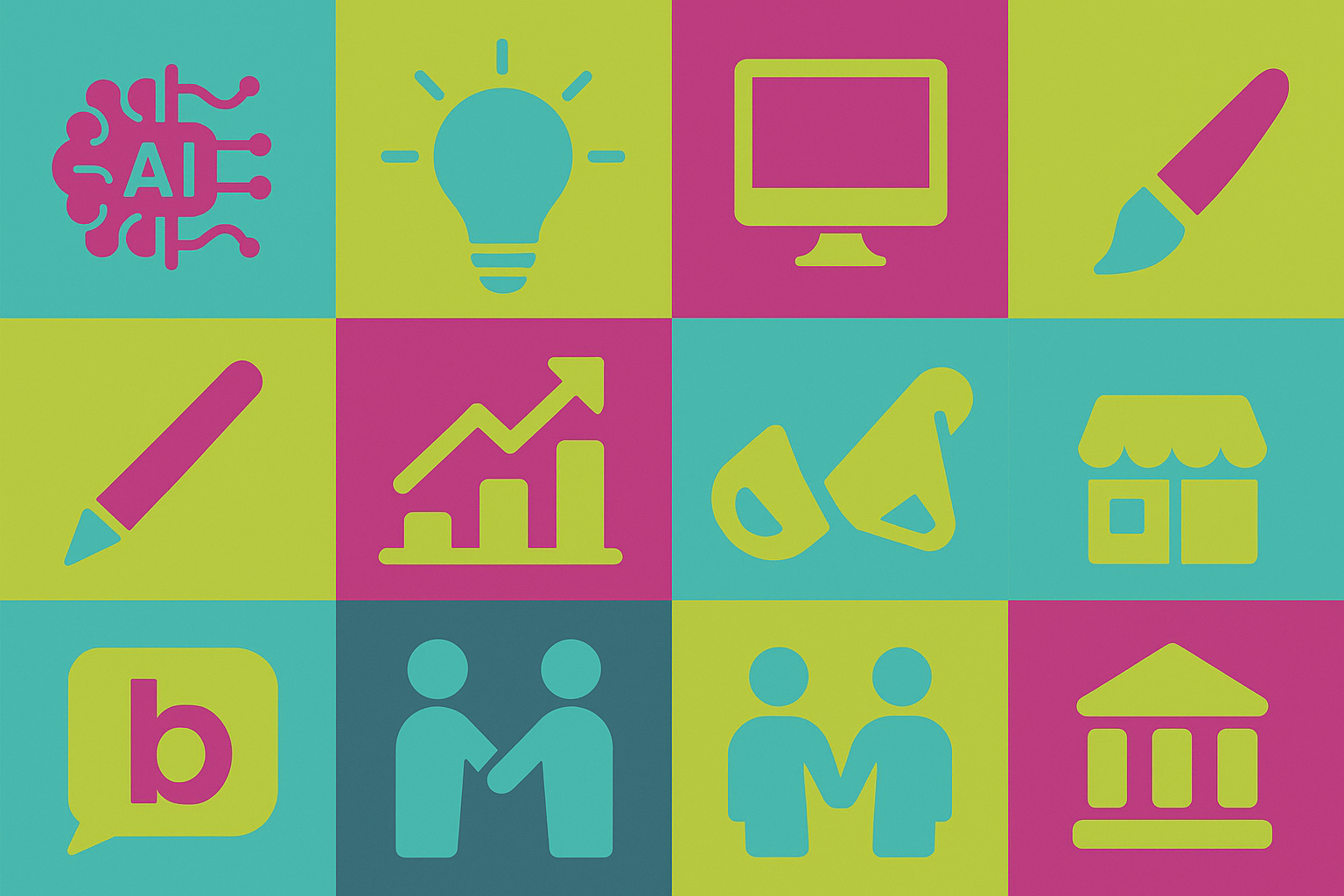 Colorful icons represent human-AI collaboration in branding, marketing, and other communicaion