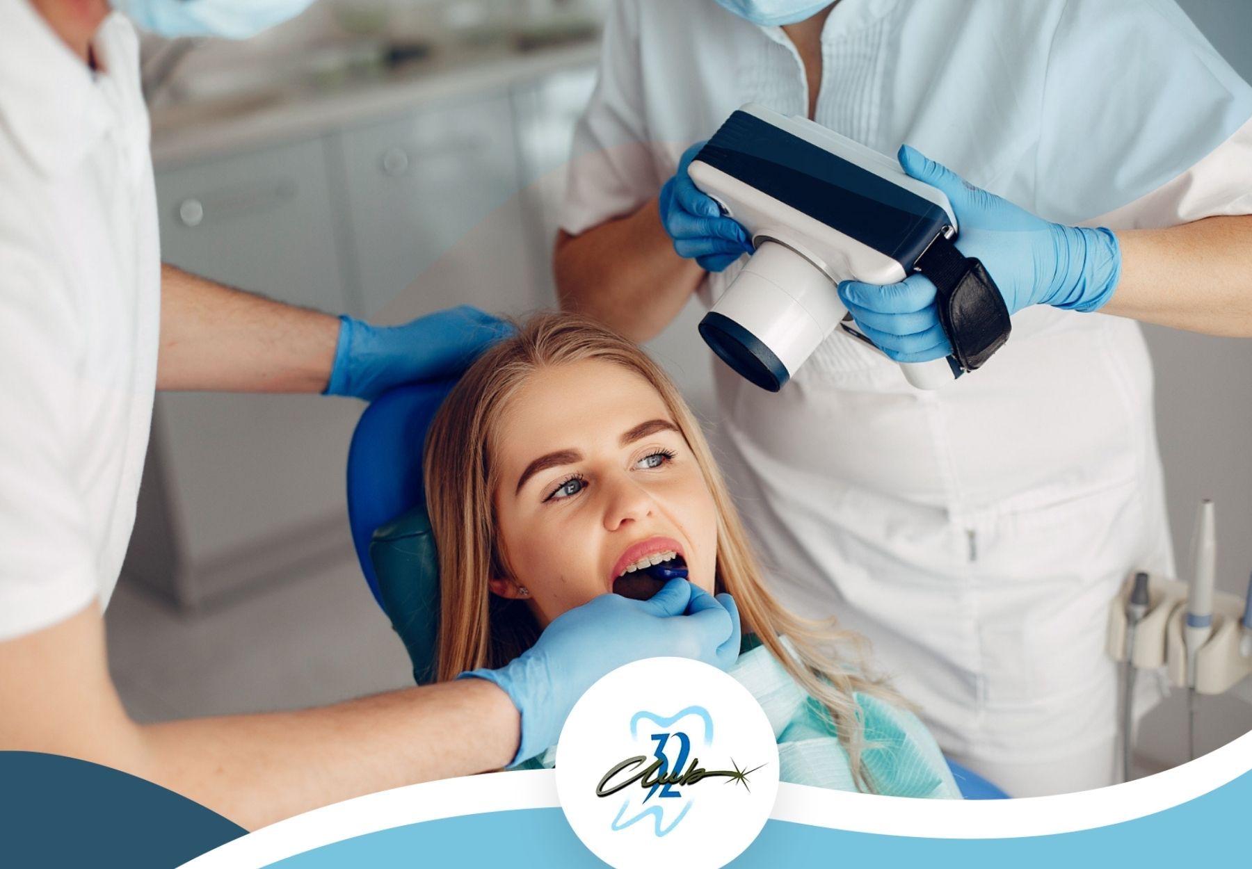 A woman is sitting in a dental chair while a dentist takes a picture of her teeth.