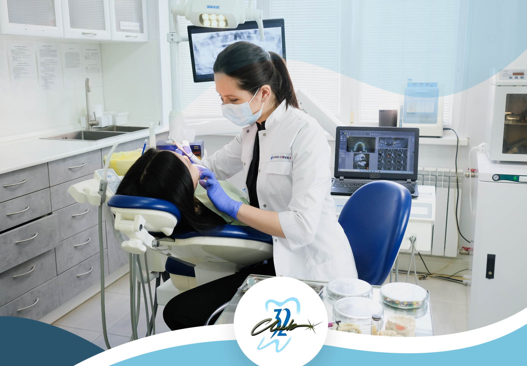 A dentist is examining a patient 's teeth in a dental office.