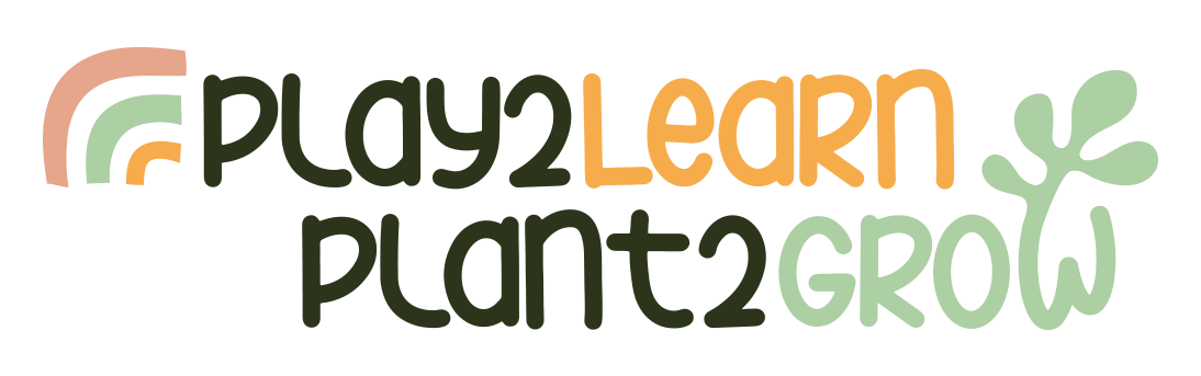 Play2Learn Plant2Grow logo in black, green, and orange with a leaf and rainbow design