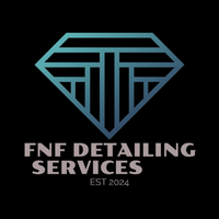 Logo for FNF Detailing Services. Blue diamond shape with "T" and vertical lines. Text: FNF Detailing Services, Est. 2024.