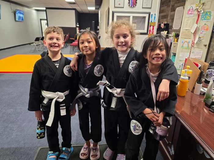 Group of children in martial arts uniforms.