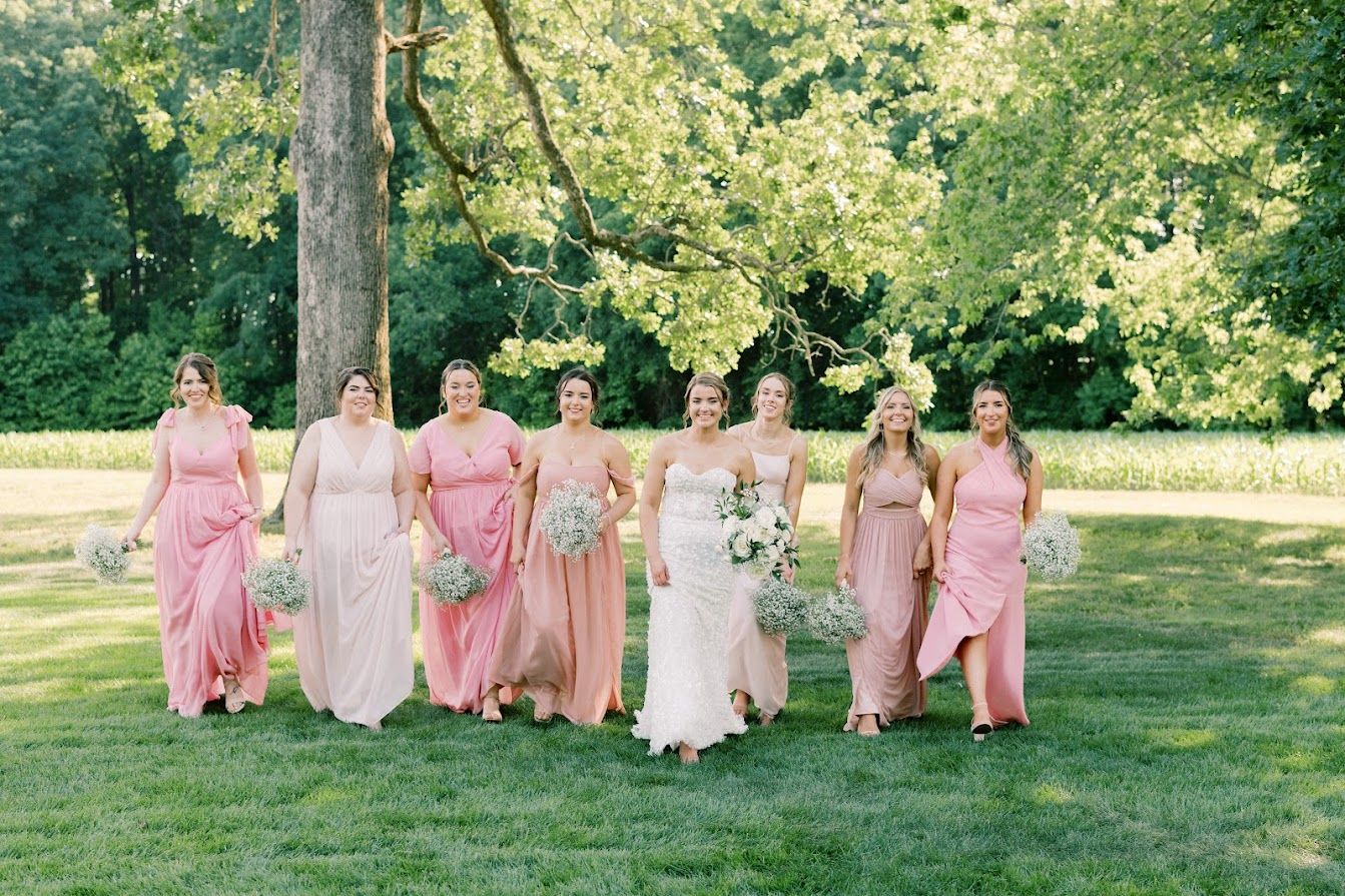 A bride and her bridesmaids are walking in a field.