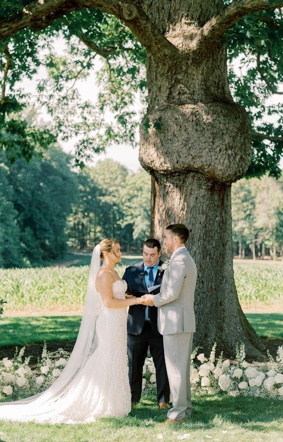 A bride and groom are holding hands during their wedding ceremony under a tree.