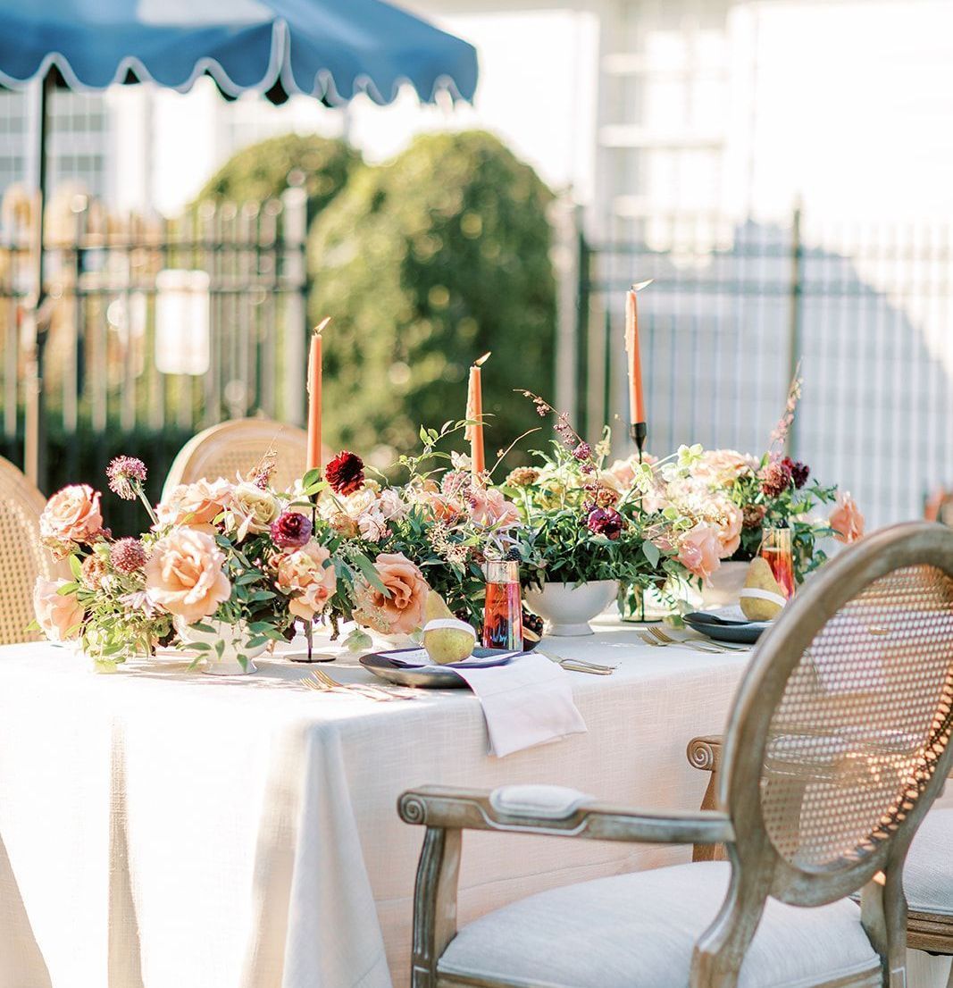 A table with flowers and candles on it