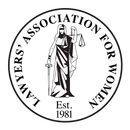 Lawyers' Association for Women logo: blindfolded figure holding scales and sword, within a circular frame.