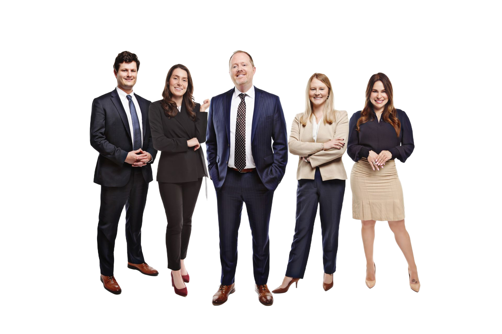 Five professionals in business attire stand together, smiling, against a white background.