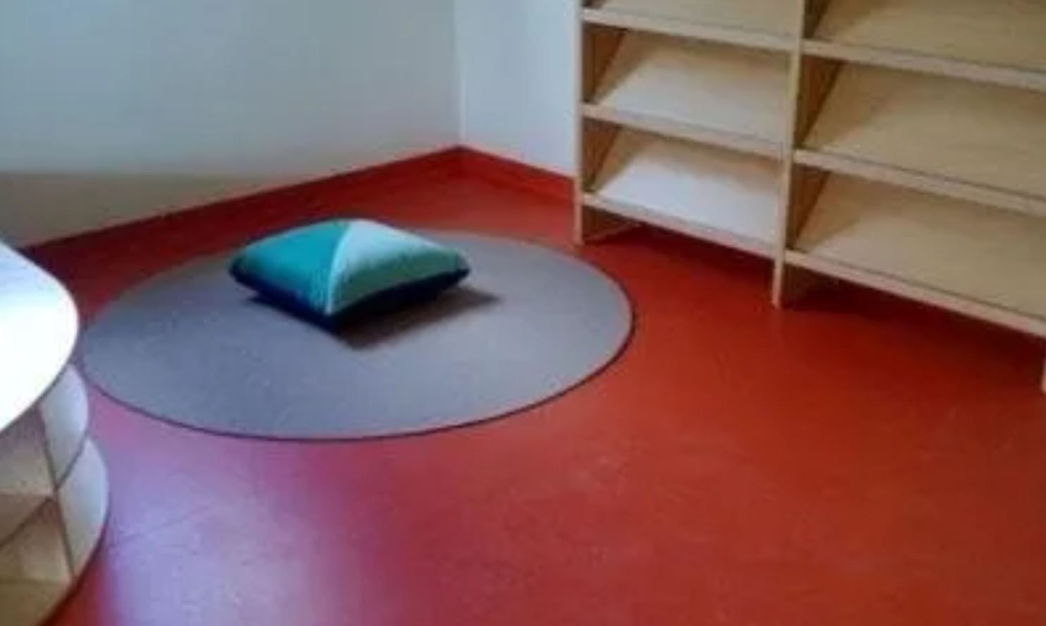 Pavimento rosso con un tappetino grigio e un cuscino blu nell'angolo, accanto a scaffali di legno.