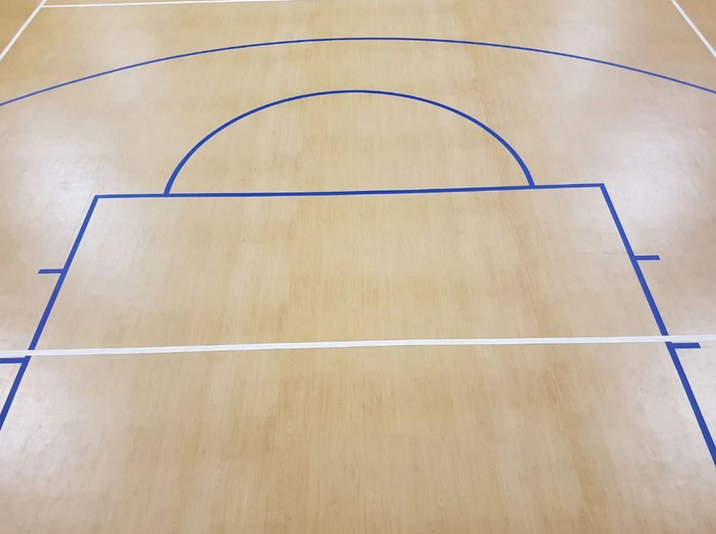 Campo da basket con linee blu e bianche su pavimento in legno.