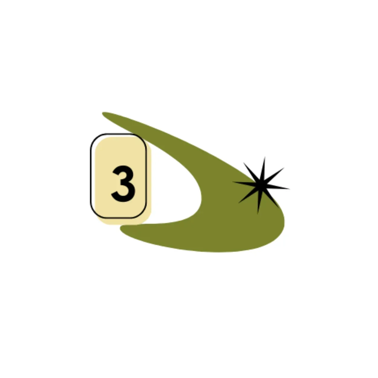 A card with the number 3, held by a boomerang-shaped object, with a black starburst.