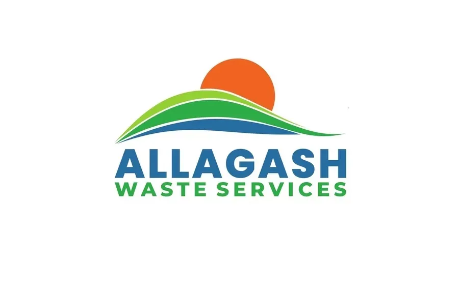 A logo for allagash waste services with a sun in the background