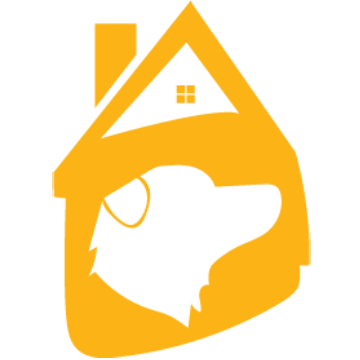 A yellow house with a dog inside of it