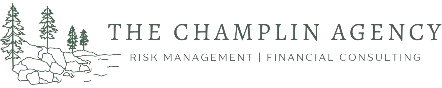 A logo for the champlin agency with a drawing of trees
