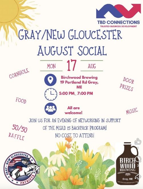 networking flyer for TBD July 22, 2026 at Oak St. Bistro in Alfred, Maine 5 to 7 pm