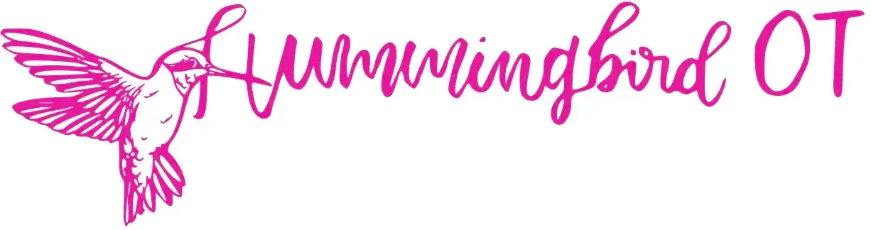 Pink hummingbird logo with the words