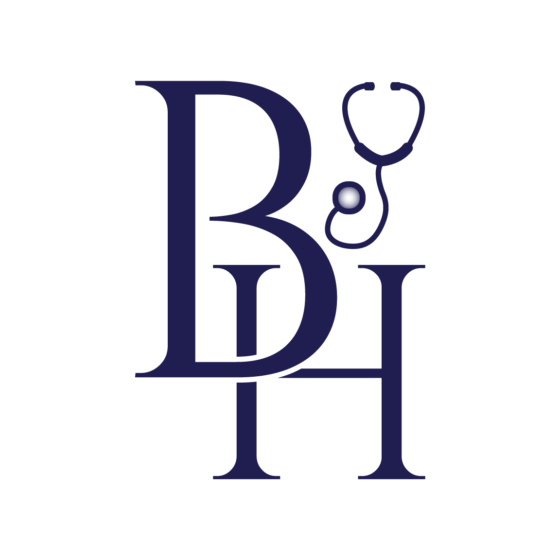 A blue logo with the letter b and h and a stethoscope.