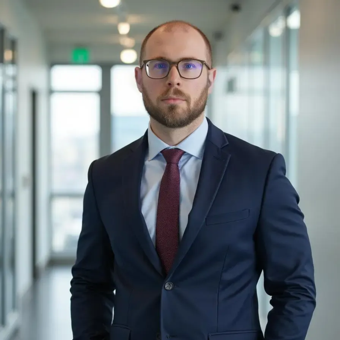Bald man in blue suit and light blue button-down shirt smiling, set against a gray background.