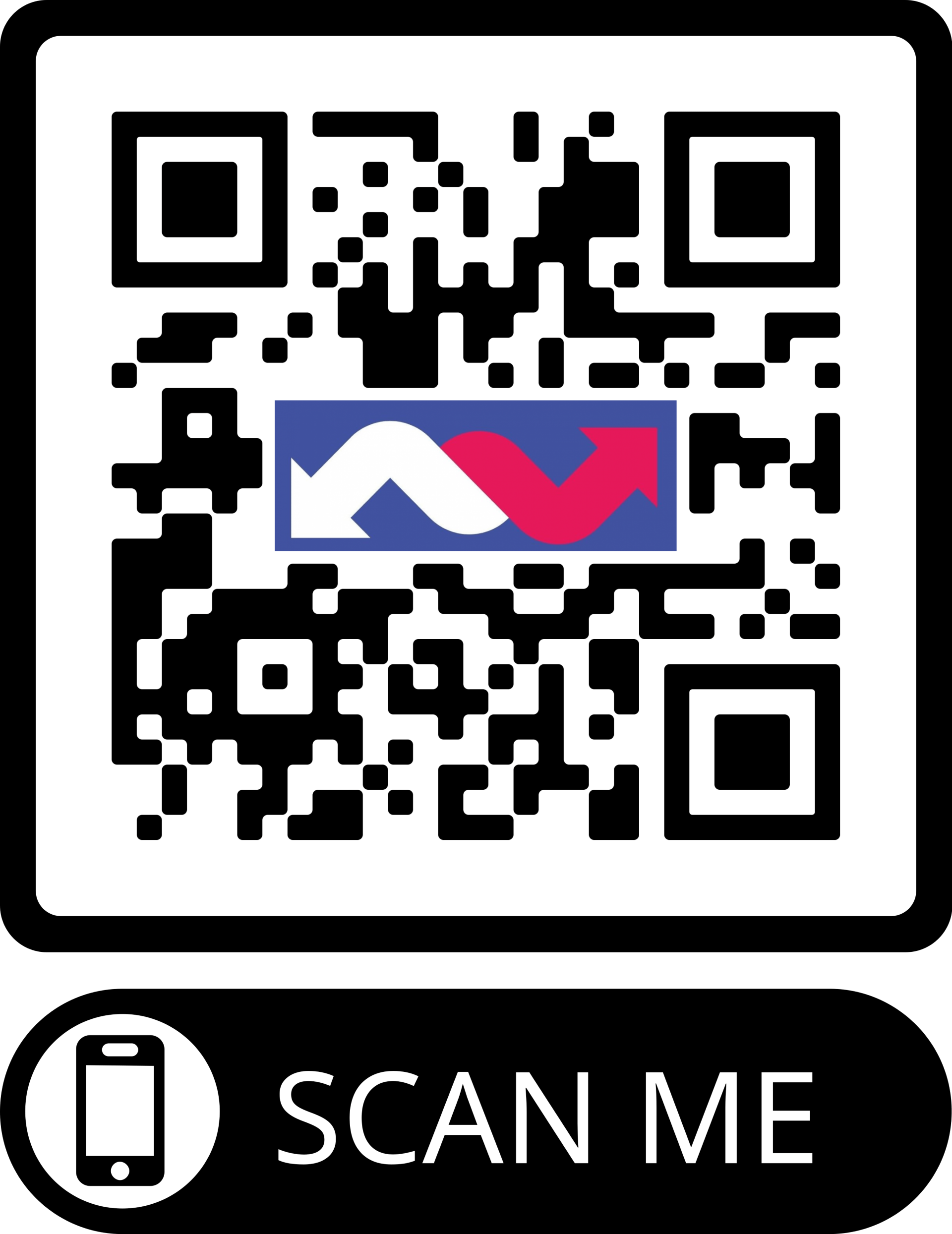 A qr code with an arrow and the words `` scan me '' below it.